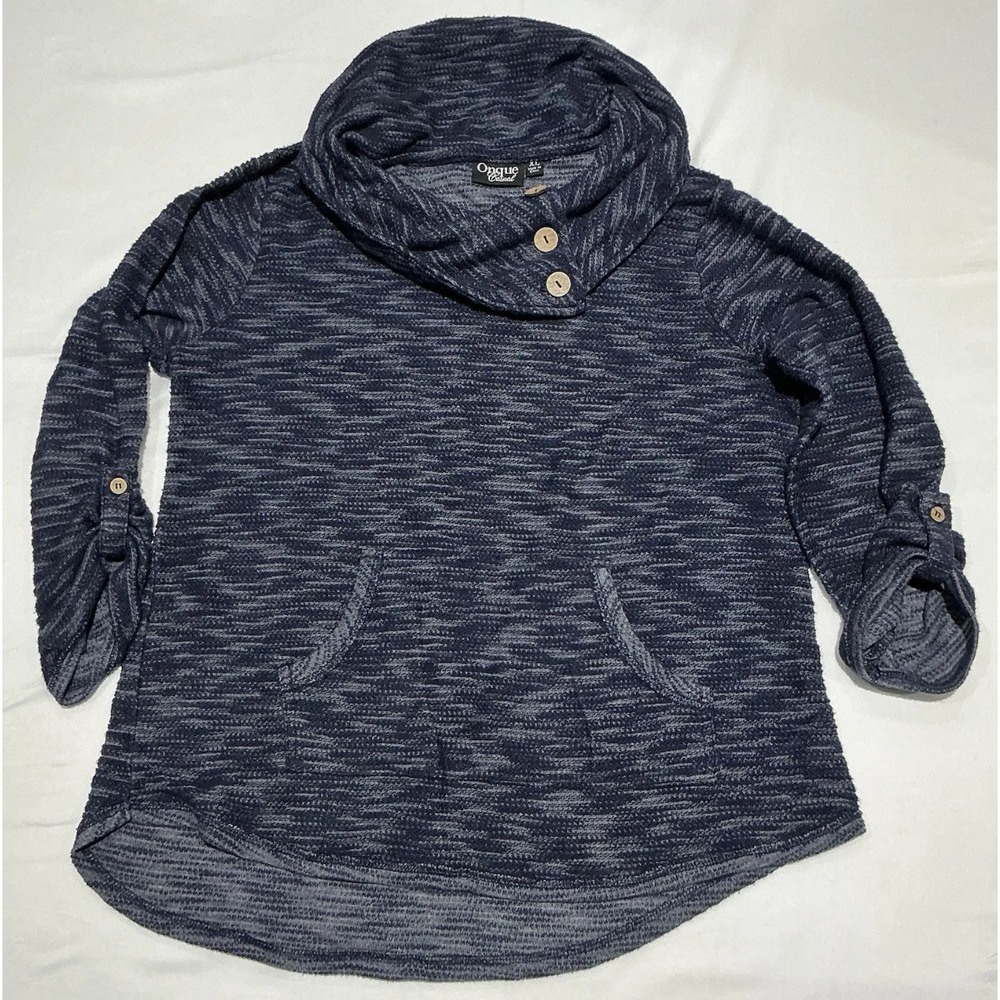 Onque Casuals Sweater Womens XL Blue Cowl Neck Pullover Kangaroo Pouch Roll Tab